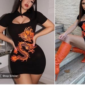 Fashion Nova Dragon Mini Dress (Black & Orange) size large